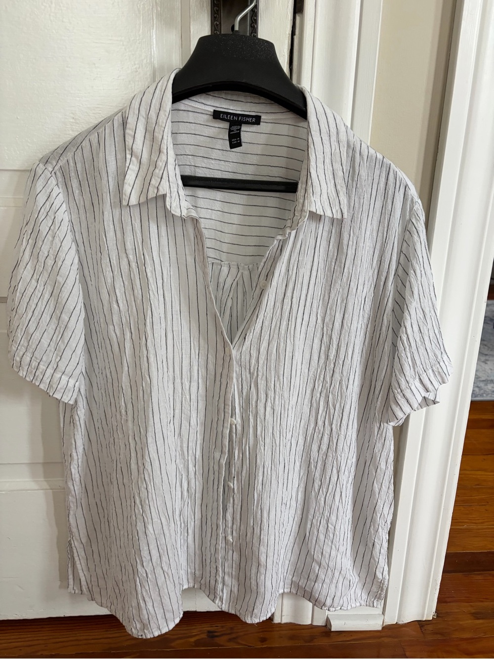 Eileen Fisher linen White Shirt with Thin Black Stripes